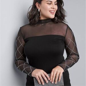 Rhinestone Sheer High Neck Mesh black long sleeve top party grunge streetwear